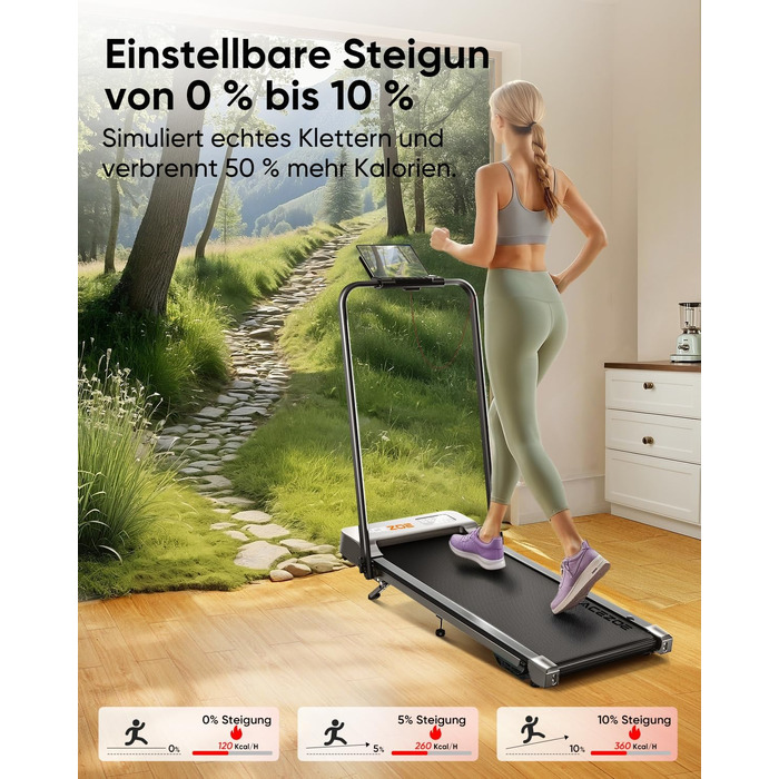 Складана бігова доріжка 6-в-1 для домашнього використання, біговий майданчик з нахилом 10 на 3 рівнях та ручками, бігова доріжка для дому/офісу зі світлодіодним дисплеєм, вантажопідйомність до 135 кг, пульт дистанційного керування та застосунок, встановле