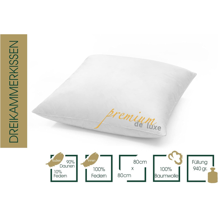 Пухова подушка преміум-класу de Luxe 80x80 см - Виготовлено в Німеччині, пухова подушка зі 100 бавовни - 3-камерна пухова подушка для алергіків 1 упаковка