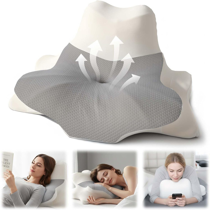 Ергономічна подушка для шиї OKYUK 4 в 1 з двозонним дизайном, подушка з піни з ефектом пам&39яті зі знімною наволочкою для сну на боці, спині та животі (сіро-біла)