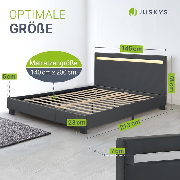 Ліжко Juskys Paris з м&39якою поверхнею 140x200 см зі світлодіодним освітленням, матрацом, рейковим каркасом та узголів&39ям - штучна шкіра та дерево - сіре - дитяче ліжко каркас ліжка темно-сірий 140 x 200 см