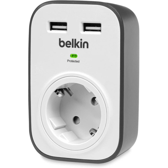 Розетка та захист від перенапруги, одностороння/1 вилка з захистом від перенапруги, захищена вилка з USB-роз'ємами x 2 (2,4 А), бі