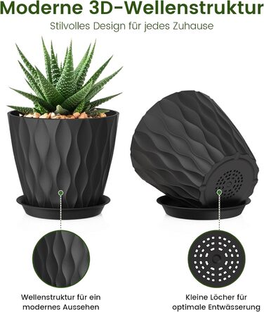 Квітковий горщик 17,6 см, набір із 5 товстих пластикових горщиків для рослин з блюдцями та дренажними отворами, кашпо з 3D хвилеподібною текстурою для рослин-зміїків, рослин-павуків та кімнатних/вуличних рослин, чорний, Ø 17,6 см, 5 шт. у упаковці