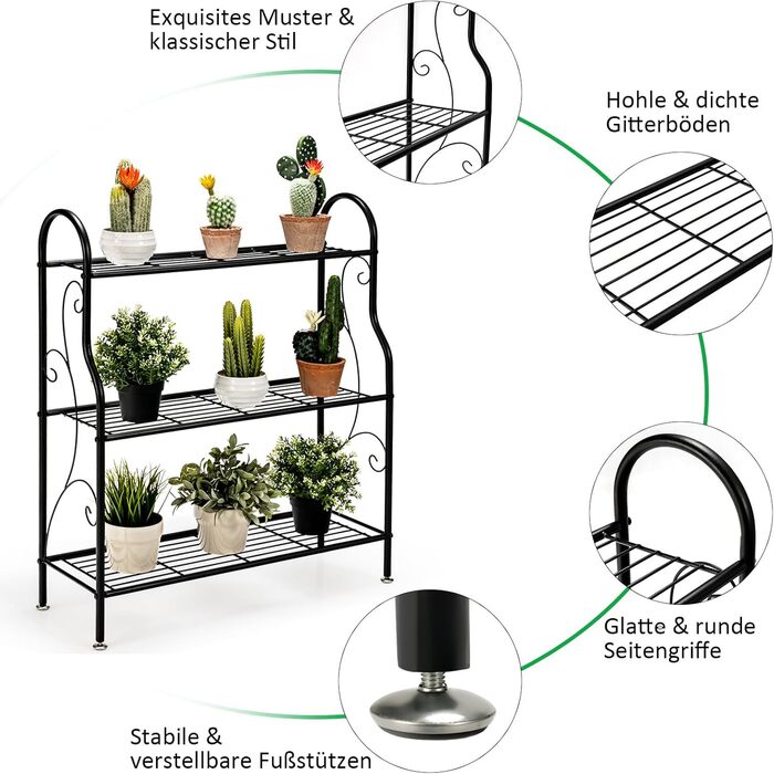 Рівнева металева підставка для рослин, полиця для рослин, стійка для квітів, вантажопідйомність до 35 кг, лавка для квітів для саду, балкону, для використання в приміщенні/на вулиці, чорна, 72 x 25 x 85 см, тип полиці 2, 3-