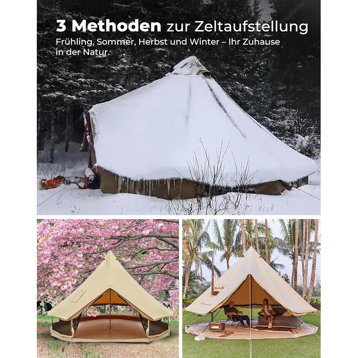 Намет для глемпінгу KingCamp, намет-дзвін для 6-12 осіб, 4-6,7 м, чиста бавовна/TC бавовна, водонепроникний, сімейний намет для відпочинку на природі з ПВХ-підкладкою, фестивальний намет для сімей та кемпінгових груп KHAN 4M T/C 210g Base Camp