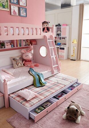 Дитяче двоярусне ліжко JooTech ліжко-горище дитяче ліжко функціональне ліжко зі сходами з полицею з ящиками 3 спальних місця рожев