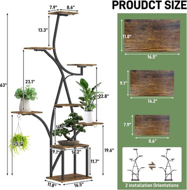 Підставка для рослин з лампою для вирощування, 8-ярусна квіткова полиця 160 см з металу та дерева, велика чорна квіткова полиця для використання в приміщенні та на вулиці, для вітальні, саду, балкону, декоративна, ширина 38 дюймів