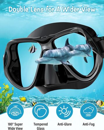 Набір для сноркелінгу Karvipark для дорослих, набір для сноркелінгу з маскою для дайвінгу та сухим сноркелем, маска для дайвінгу із захистом від протікання та запотівання, професійне спорядження для сноркелінгу, плавання та дайвінгу, колір чорний
