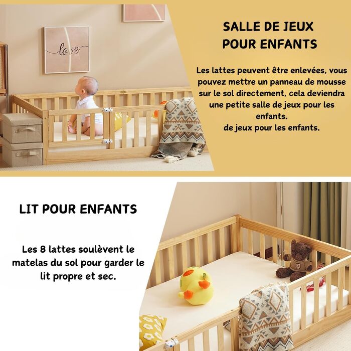 Дитяче ліжко LEADZM 2-в-1 Монтессорі з відкритими дверима, захистом від падіння та рейковою основою, дитяче ліжечко, підліткове, односпальне ліжко (натуральний розмір 140x200) - 2 розміри, вантажопідйомність до 300 кг, трансформоване