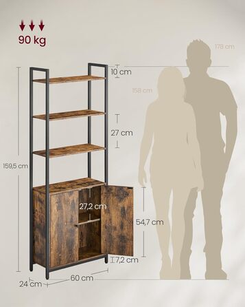 Книжкова полиця VASAGLE, 6 ярусів, полиця, окремостояча полиця з дверцятами, металевий каркас, регульовані полиці, 24 x 60 x 159,5 см, для вітальні, спальні, вінтажний коричневий-чорний LLS133K01 60B см Вінтажний коричневий чорнильний