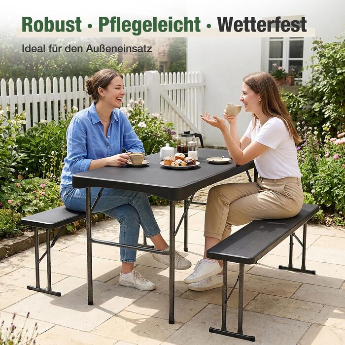 Складаний пластиковий пивний садовий набір Sekey Обідній стіл 113 x 61 см з 2 лавками для 4 осіб Набір для пивного саду для приміщень/вулиці Садовий комплект пивних столів (чорний) Чорний/113 см