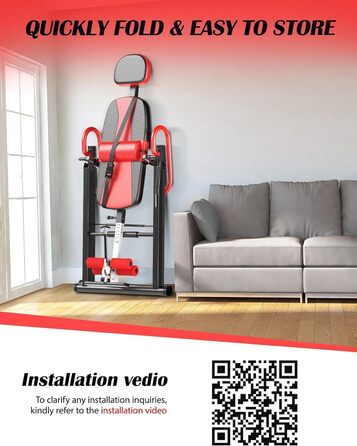 Регульований/складаний інверсійний стіл YOLEO з потрійним блокуванням безпеки, гравітаційний тренажер з ременем безпеки для терапії та полегшення болю в спині/шиї, червоний