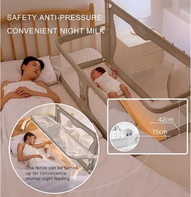 Дитяче ліжко 3-в-1, 120x50 см, дитяча колиска, дитяче ліжечко-манеж, дитяче ліжко-манеж, пружинне ліжко-бокс біля ліжка, з аксесуарами, які можна розмістити на ліжку (колір кремово-білий)