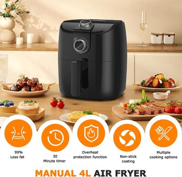 Аерофритюрниця Hayden Alpha 4L, побутова фритюрниця 1500 Вт зі швидкою циркуляцією повітря, таймер на 30 хвилин, регульована температура для здорового приготування з низьким вмістом жиру, чорний