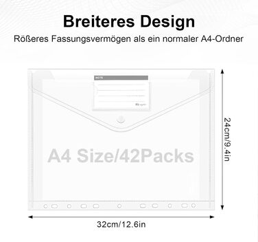 Підсумок для документів Agoer на 48 предметів A4 на липучці, ширші розміри Гаманець для документів A4 для подачі, A4 прозорий з 11 перфорованим краєм для впорядкування документів з кишенею для етикеток (кнопка фіксації 42 шт. )