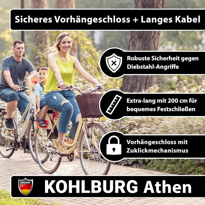 Тросовий замок KOHLBURG завдовжки 2 метри Замок з ключем, який легко замикається 2-метровий петлевий кабель для велосипедів та садових меблів Сталевий трос 200 см як замок для велосипеда, велосипедного причепа та дитячого візка