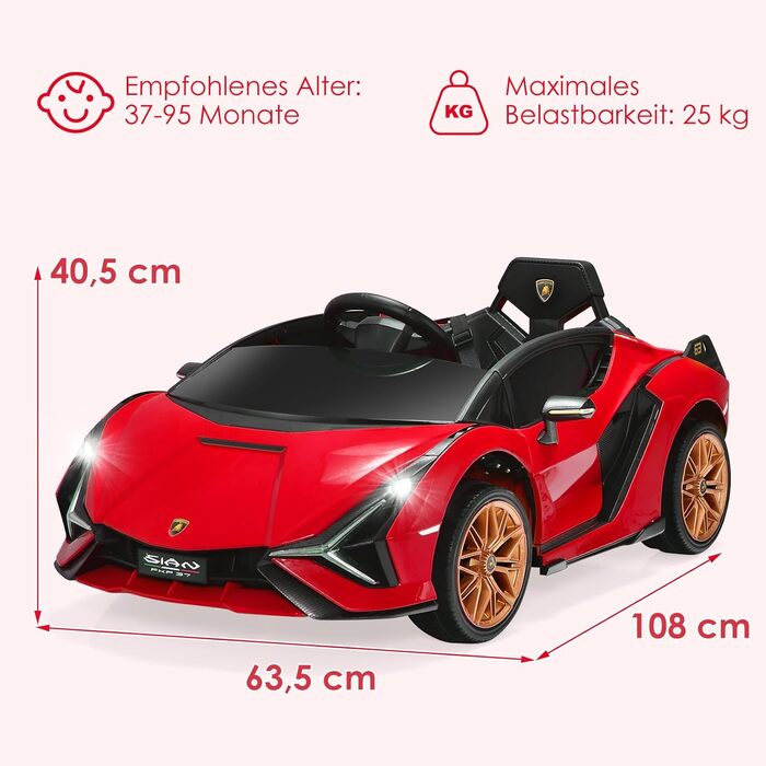 Дитячий електромобіль COSTWAY 12V Lamborghini з пультом дистанційного керування 2.4G, дитячий автомобіль 3-5 км/год з MP3, радіо,