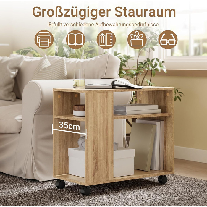 Журнальний столик SoBuy з колесами, 2-ярусний журнальний столик на колесах з відділеннями для зберігання, мобільна книжкова полиця для вітальні, спальні, офісу, Д70 x Ш35 x В60 см, натуральний колір FBT34-N