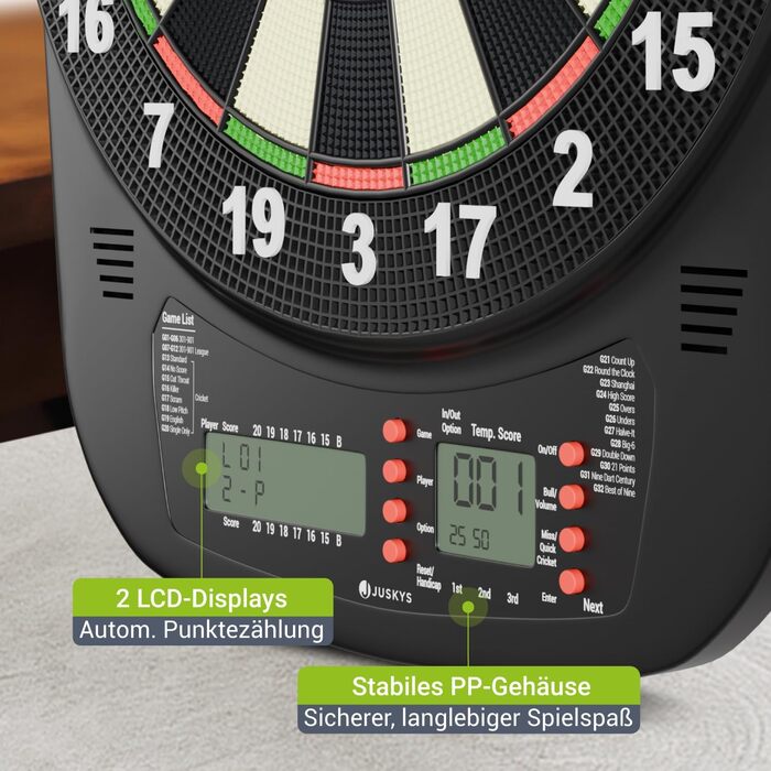 Електронна мішень для дартсу Juskys з 32 іграми та 359 варіаціями, РК-дисплеєм, USB-C, дартсами та аксесуарами, до 8 гравців, живлення від мережі та від батарейок