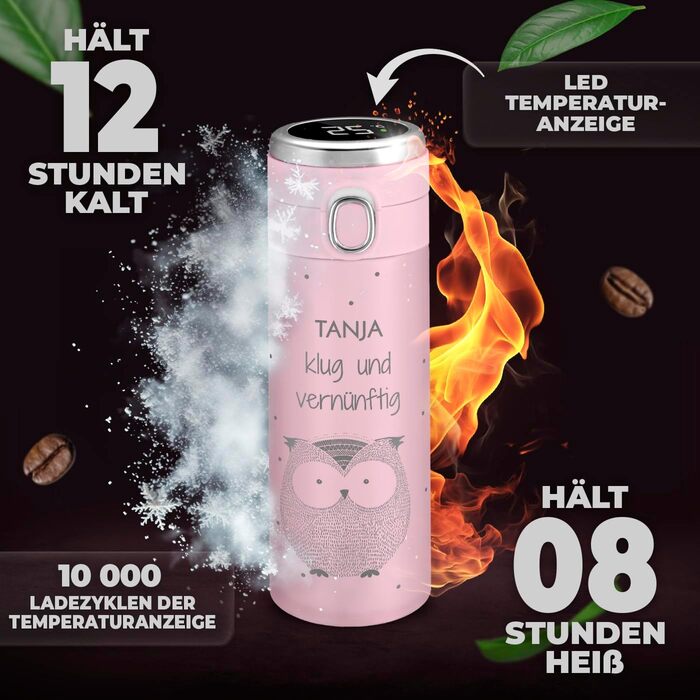 Термокружка Maverton з гравіюванням, 400 мл - Пляшка для води з нержавіючої сталі - зі світлодіодним дисплеєм температури - Герметична, 100 водонепроникна - Для жіночих днів народження - Рожева - Сова