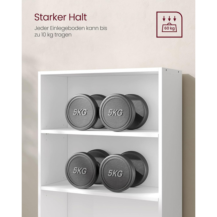 Рівнева книжкова полиця VASAGLE, окремостояча полиця, полиця для зберігання, регульовані полиці, для вітальні, домашнього офісу, спальні, хмарно-білий LBC165T14 білий, 5 рівнів (60Д x 134,2В см), 5-