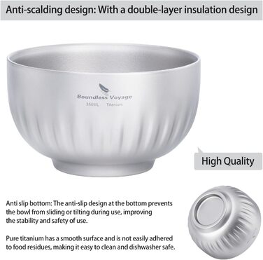 Мл титанова чаша з подвійними стінками, вівсянка, рисовий суп, надлегка портативна чаша для кемпінгу на свіжому повітрі, металева чаша Ti1164T 350 мл Ti1164t, 350