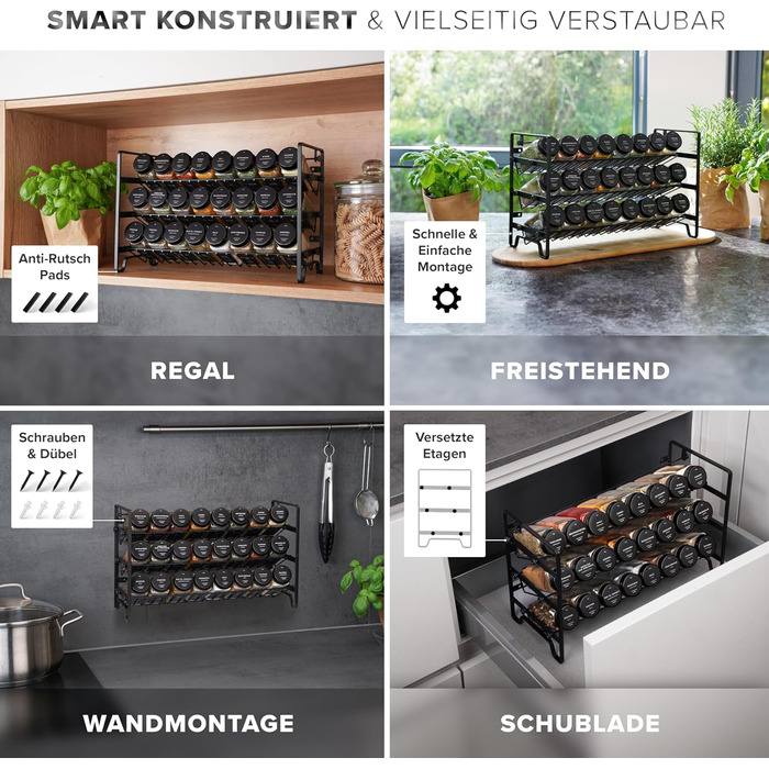 Набір чорних підставок для спецій Окремостоячий або настінний 24 банки для спецій 336 етикеток для спецій Сучасний дизайн Безпечний для харчових продуктів та придатний для миття в посудомийній машині