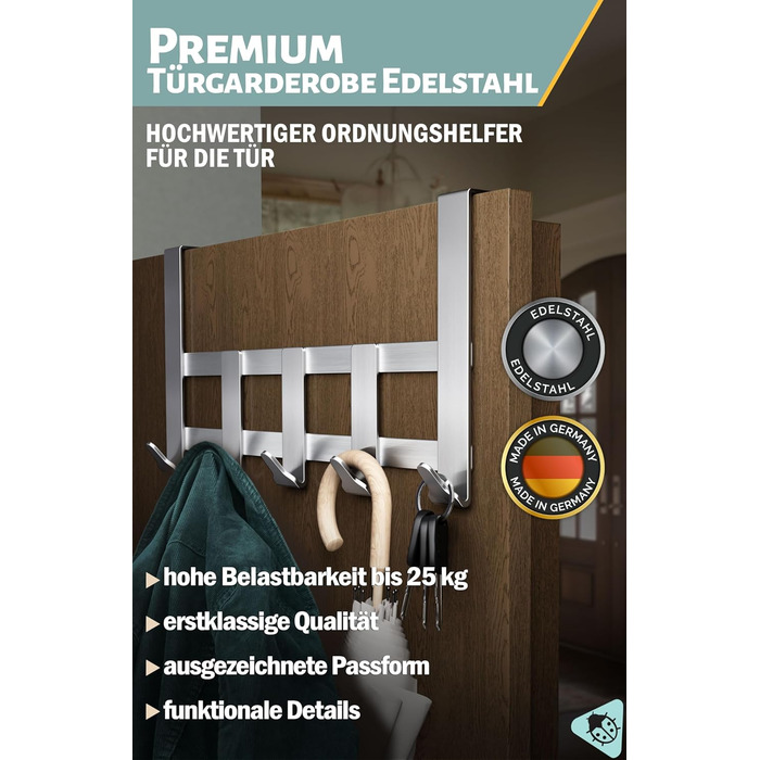 Вішалка для верхнього одягу Menz Premium, 5 гачків - Вішалка для верхнього одягу з нержавіючої сталі, надзвичайно міцні дверні гач