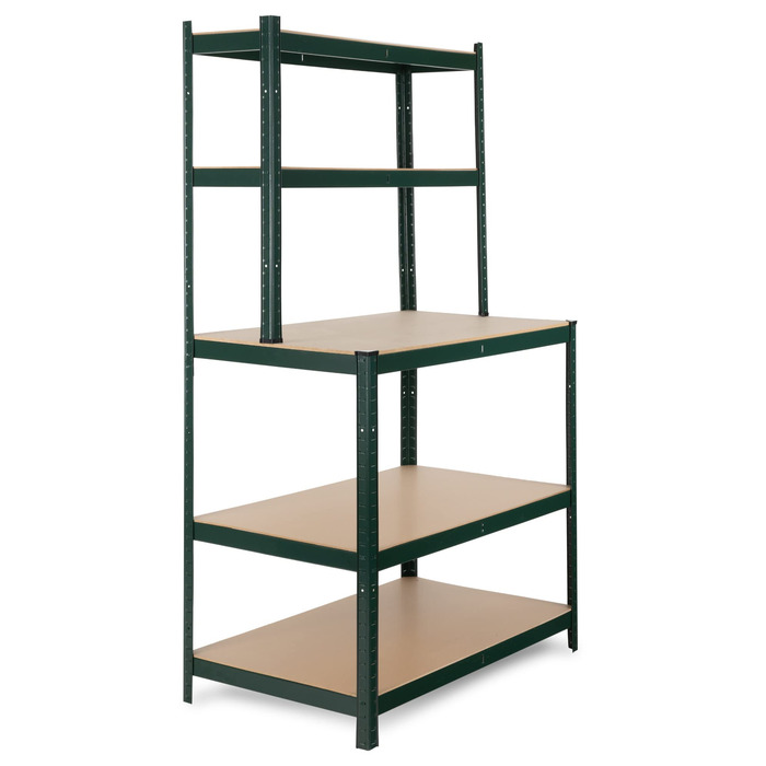 Полиця для робочого столу Stagecaptain WBR-175 SR - Міцна полиця з робочим столом - Полиця для зберігання в майстерні, підвалі, коморі - 5 полиць на 2 глибини - Надзвичайно стійка робоча поверхня висотою 97 см - Зелена