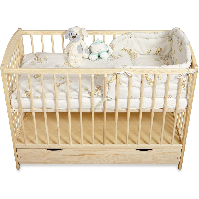 Дитяче ліжко/ліжечко для новонароджених 60x120 см ліжечко з шухлядою, регульованою по висоті рейковою основою та знімними поручнями, трансформується в дитяче ліжко S-120