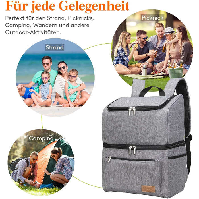 Ізольована сумка-холодильник Lifewit 21L 30 Can, термосумка для обіду, рюкзак-холодильник, герметична двоповерхова сумка-холодильник для чоловіків, жінок, мам для обіду, пікніка, покупок, подорожей, сіра