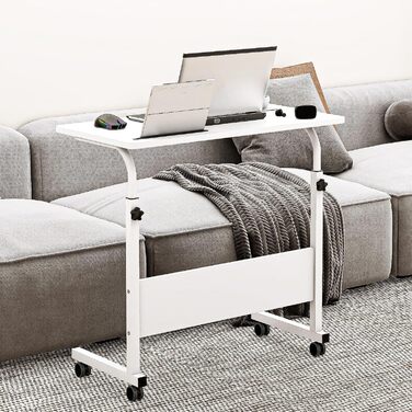 Стіл для ноутбука/комп&39ютерний стіл з регульованою висотою та відділенням для планшета Sogesfurniture, 80 x 40 см, стіл для ПК/диванний столик/стіл для медсестри/бічний столик з колесами, білий.