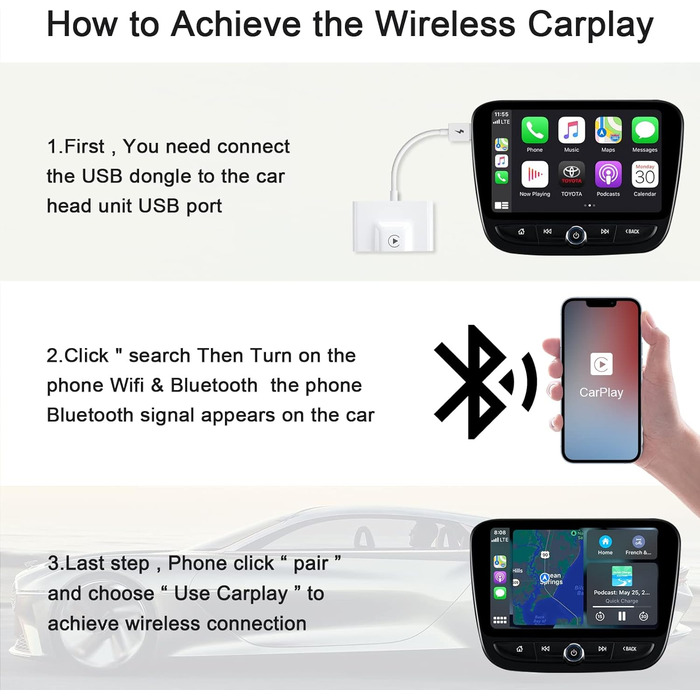 Бездротовий адаптер SCUMAXCON CarPlay для заводського дротового CarPlay OEM, 2024 оновлення Plug and Play Простий ключ налаштування для телефонів IOS Перетворіть дротовий CarPlay на бездротовий адаптер CarPlay і без fil