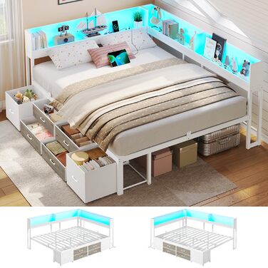 Ліжко AOGLLATI 140x200 з місцем для зберігання, диван-ліжко з вбудованою книжковою полицею та 6 шухлядами, дитяче ліжко зі світлодіодним освітленням та зарядною станцією, гостьове ліжко, кушетка, каркас ліжка з рейковою основою (білий, 140x200 см) 140x200