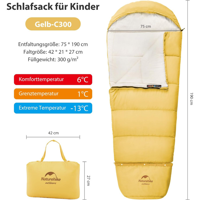 Дитячий спальний мішок Naturehike, літній, весняний, осінній, бавовняний спальний мішок для дітей, подорожей, кемпінгу, легкий теплий, кемпінговий, спальні мішки C300-жовтий