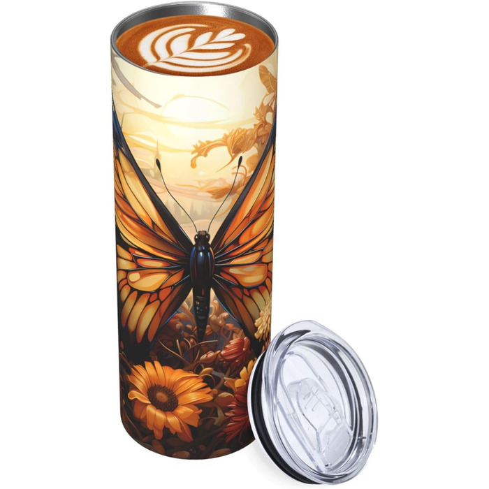 Кухоль з прямою трубочкою, 590 мл, помаранчевий/жовтий, поле метеликів, квіти, дорожній кухоль з принтом, підходить для кемпінгу, офісу та дому