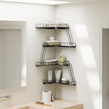 Настінна полиця для пожежної сходи сучасна 4-рівнева кутова настінна полиця, металева полиця-драбина для фігурок, декоративні полиці Нью-Йорк для вітальні, ванної кімнати та 4-рівнева настінна полиця для пожежної сходи A.black