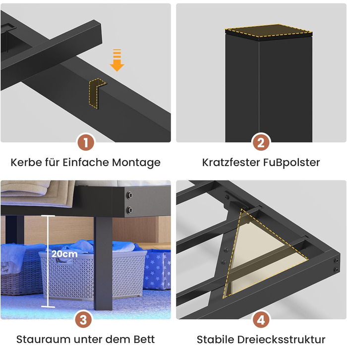 Каркас ліжка AOGLLATI 180x200, Металеве ліжко зі світлодіодним освітленням та зарядною станцією, Плаваючий каркас ліжка з полицями для зберігання, Металеве ліжко з рейковою основою, Двоспальне ліжко, Чорний (матрац не входить до комплекту), 180 x 200 см, 