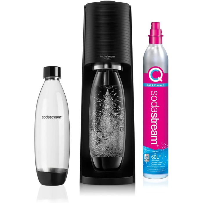 Виробник газованої води Terra Value Pack x2 з 2 пляшками, які можна мити в посудомийній машині, 1 л і 1 циліндром CO2 Quick Connect об'ємом до 60 л, чорний матовий