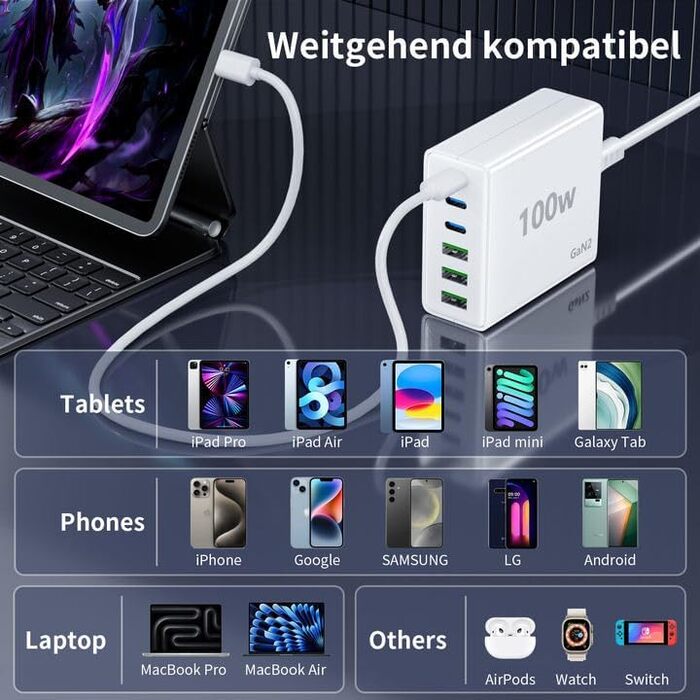 Зарядний пристрій FINIBO USB C Multiple 6-портовий швидкий зарядний пристрій потужністю 100 Вт з USB-C та USB-A, портативний насті