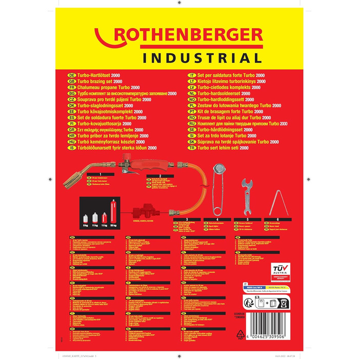 Промисловий 5-елементний високопродуктивний турбопаяльний набір паяльників ROTHENBERGER, включаючи 2-метровий пропановий шланг та аксесуари Паяльний пальник Паяльник Робоча температура 800C М&39яке паяння Тверде паяння 030950E Робоча температура 750C