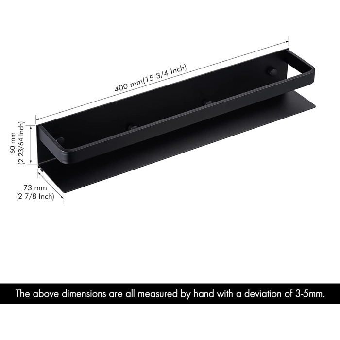 Настінна полиця для спецій KES, тримач для спецій, органайзер для спецій, кухонний, для зберігання спецій, кухонна полиця для спецій 40 см, 2 шт., матово-чорний колір, настінний, KSR401S40-BK-P2, 39,9 см