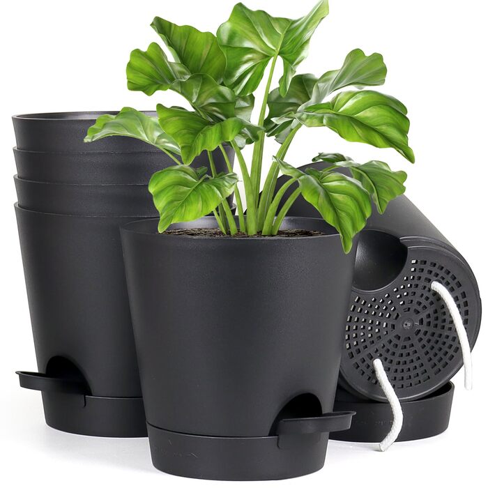 Набір з 6 самополивних квіткових горщиків, горщики для рослин 17,8 см із системою поливу, кашпо з блюдцем, набір квіткових горщиків, ідеально підходить для кімнатних та балконних садів, чорний 17,8 см чорний