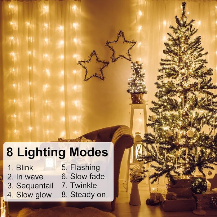 Завіса казкових вогнів Yizhet 3x3m Світлодіодна завіса казкових вогнів Світлодіодна завіса казкових вогнів з 8 режимами, водонепро