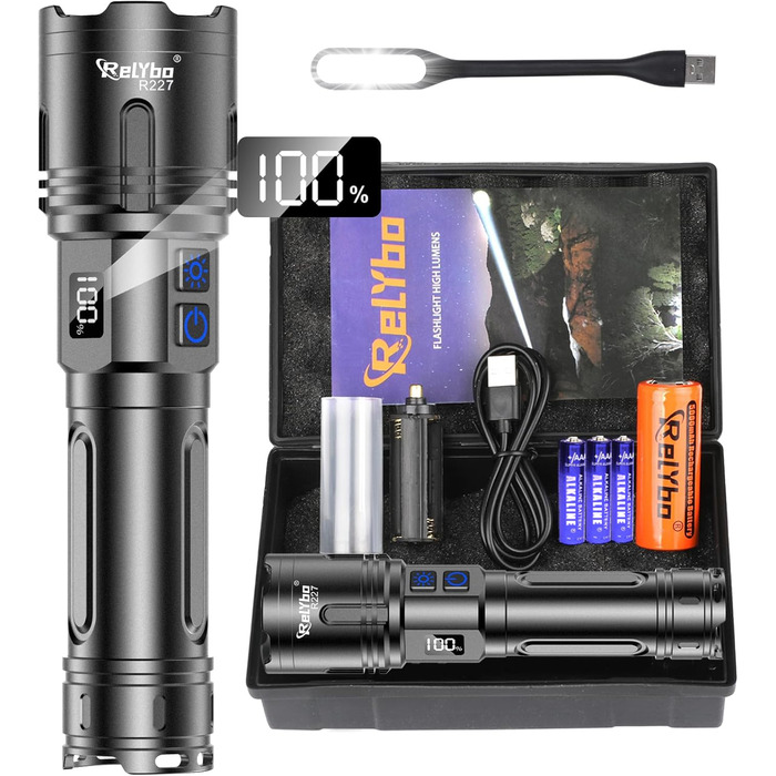 Акумуляторний світлодіодний ліхтарик 500 000 люмен, надзвичайно яскравий світлодіодний ліхтарик XHM90.2, що працює від батареї та USB, потужний тактичний ліхтарик, 2 перемикачі, ліхтарик з плавним затемненням для надзвичайних ситуацій на свіжому повітрі, 