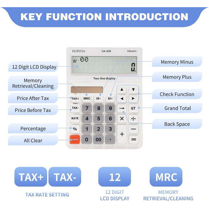 Настільний калькулятор, великі кнопки, 2 ряди, надвеликий дисплей, 12-розрядний настільний калькулятор, офісний калькулятор, податковий калькулятор, великий розмір (OA-608)