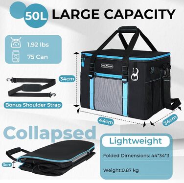 Велика сумка-холодильник 50 л, складна сумка-холодильник на 80 банок, складна/герметична з відкривачкою, велика сумка/холодильник для пікніка для кемпінгу, пляжу, пікніків, сімейних прогулянок на 4 особи, чорна