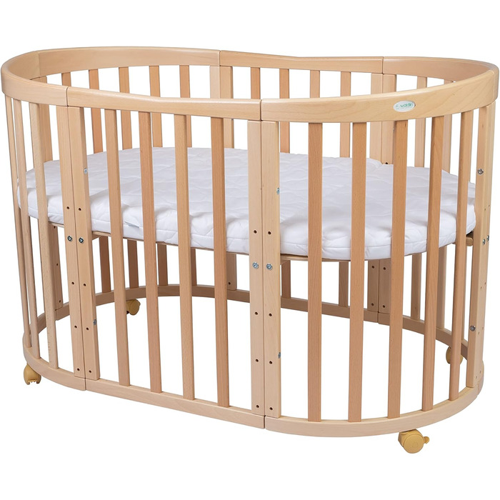 Дитяче ліжко Waldin Oval, комплект трансформованого 7-в-1, ліжечко, дитяче ліжечко з матрацом, пеленальний столик, приліжкове ліжечко, натуральне дерево, комплект тканини не входить до комплекту