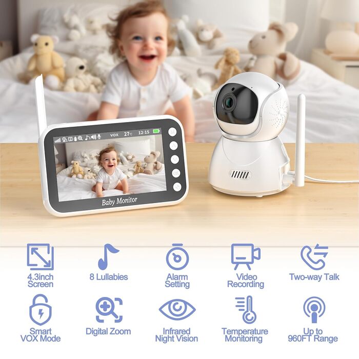 Радіоняня з камерою 4,3-дюймовий відеомонітор 720p 2000mah Батарея Відеозапис Цифрове збільшення Двостороннє аудіо Режим VOX Нічне