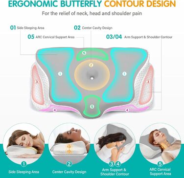 Подушка для шиї, подушка з піни з ефектом пам&39яті, подушка для шиї, подушка для голови, ергономічна подушка для сну на боці, на спині та на животі, 62x49/12 см, сірий/білий