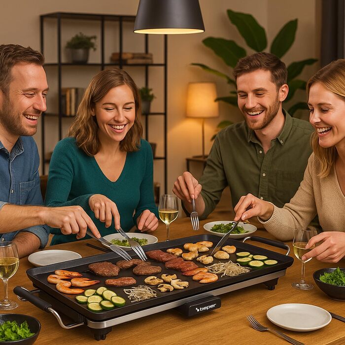 Електричний гриль-теппаньякі BEPER P101BBQ070 XL (70 x 23 см), антипригарне покриття, регульований термостат, термостійкі ручки, піддон для жиру та знімний кабель, 2000 Вт, без BPA та PFOA
